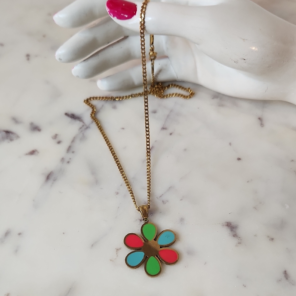 Vintage | 1970's Colorful Flower Pendant Necklace Goldtone Chain Nice 🔥